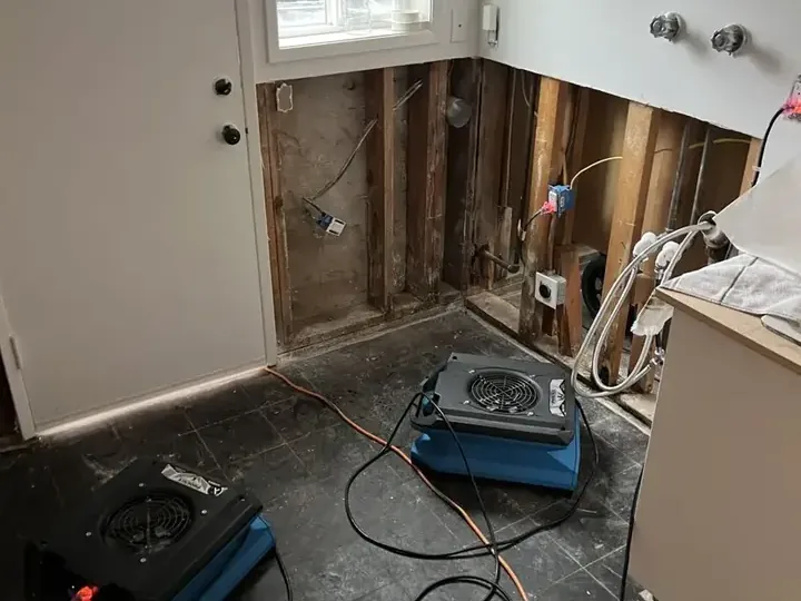 Flood cut and an air mover drying the wall cavity in a laundry room
