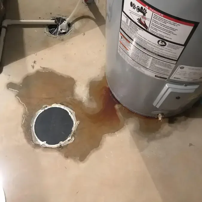 Water pooled around the base of a water heater next to a floor drain