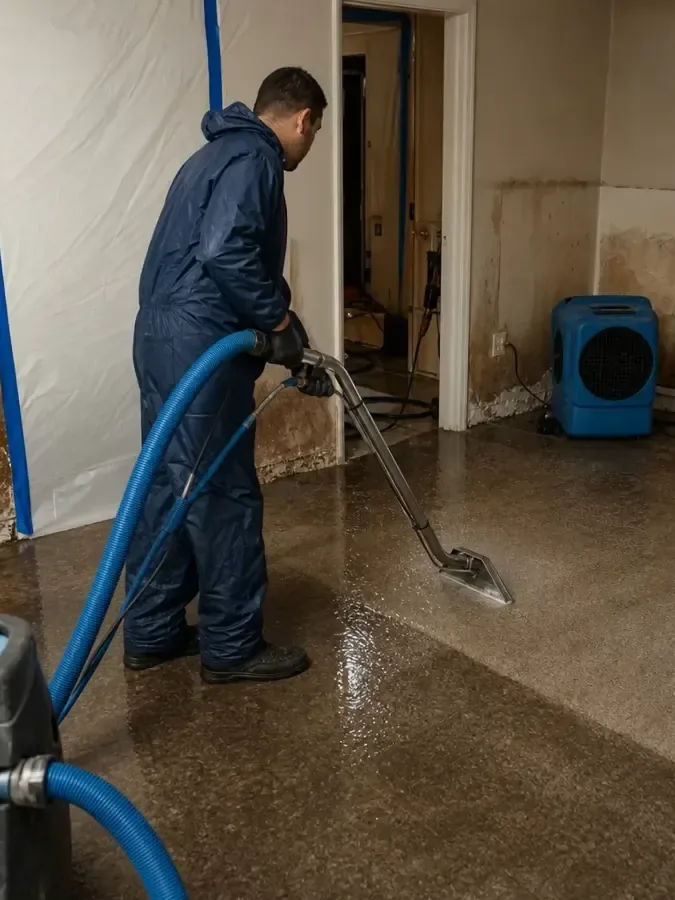 Restoration technician extracting water from the floor of a home