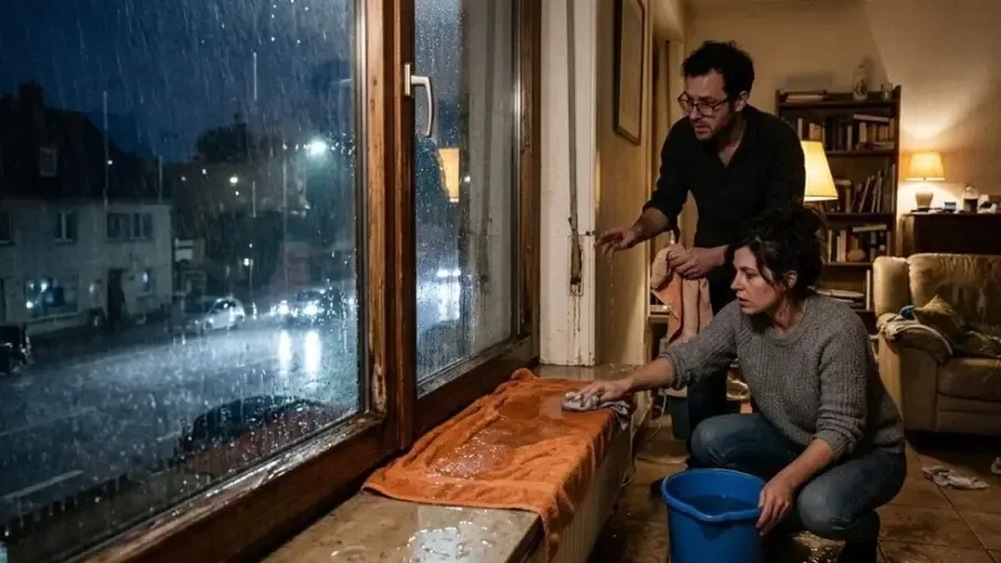 Homeowners wiping rain water off a leaking window sill during a night storm