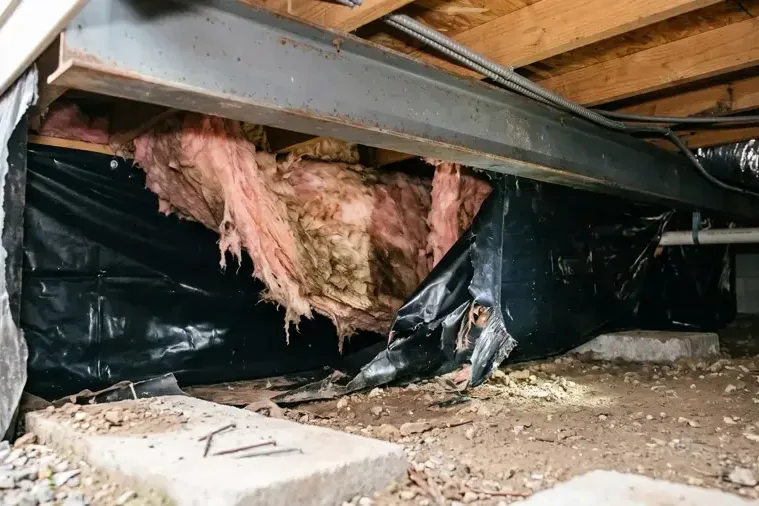 Torn underbelly barrier and wet insulation hanging below a manufactured home floor